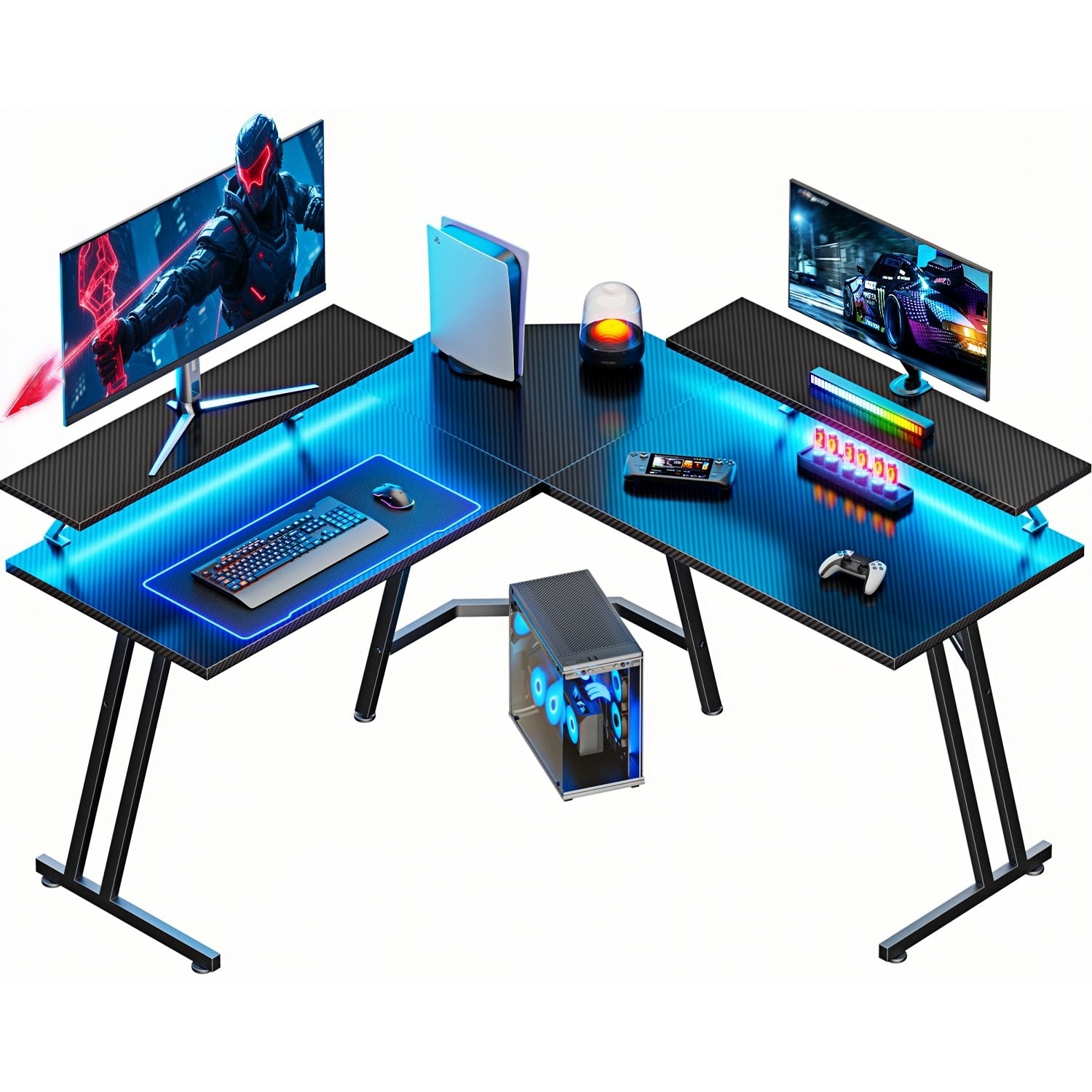 Pc Gaming Center - LED 조명과 모니터 스탠드가 있는 L자형