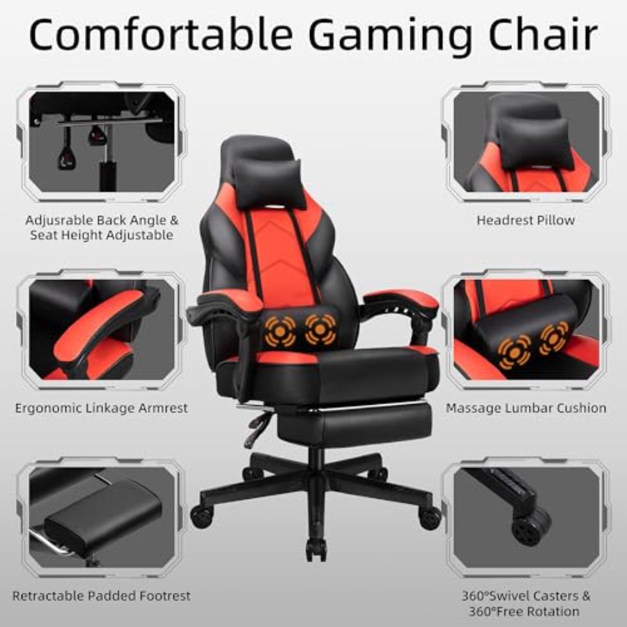 발 받침대, 마사지 요추 지지대, 높이 조절, 360도 - Gaming Chair 리뷰 및 가격